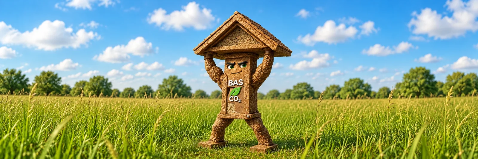 BAS-mascotte draagt een huisdak in een groen landschap onder een blauwe lucht