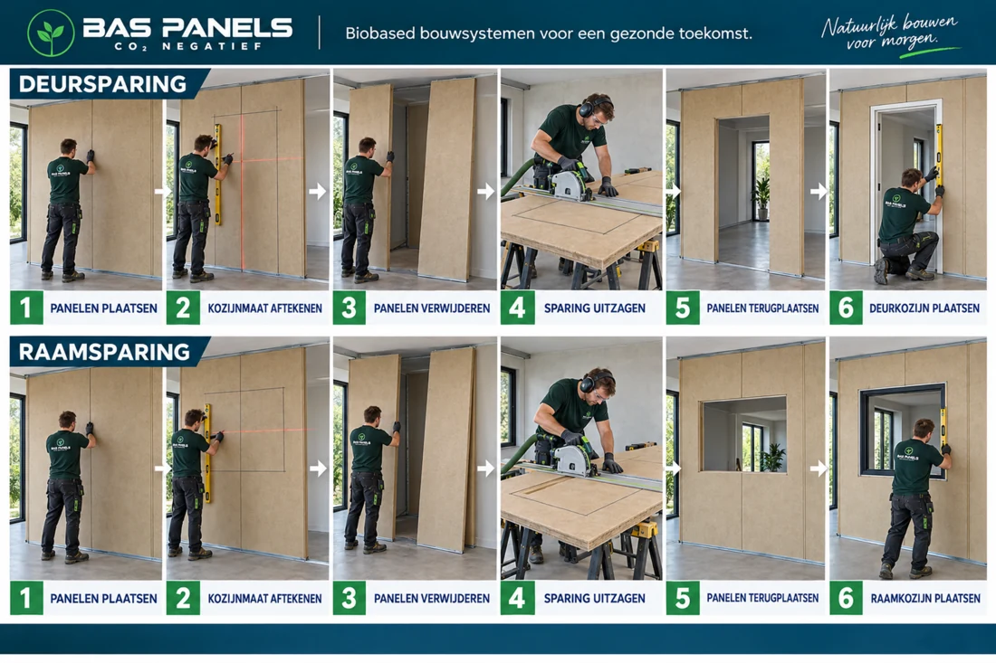 Deur- en raamsparingen — BAS Panels Werkvolgorde voor een deur- en raamsparing: aftekenen, panelen uitnemen, uitzagen, terugplaatsen en het kozijn plaatsen.